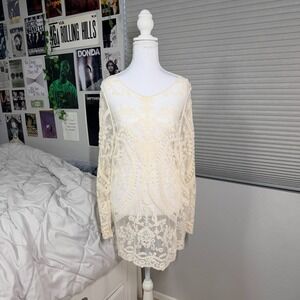 Phase One Lace Tunic Top Womens Cream Sheer Embroidered Boho